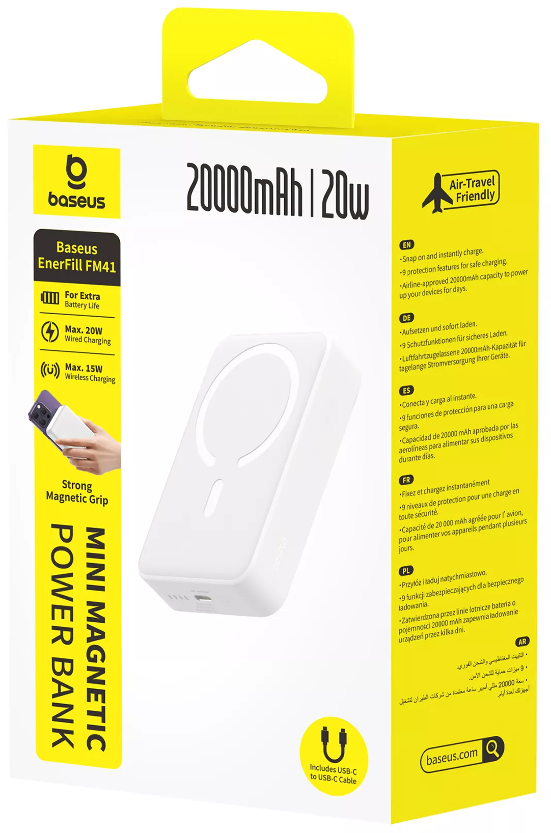 Draadloze Externe Batterij Baseus EnerFill FM41 Mini, 20000mAh, 20W, PD + FQI, 1 x QI - 1 x USB-C, Wit E0027U01