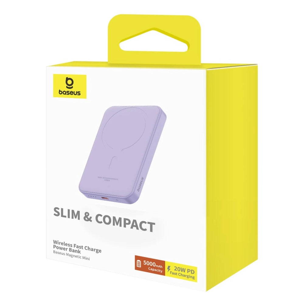 Externe Draadloze Batterij Baseus Magnetic Mini, 5000mAh, 20W, PD + FQI, 1 x QI - 1 x USB-C, Paars P10022107513