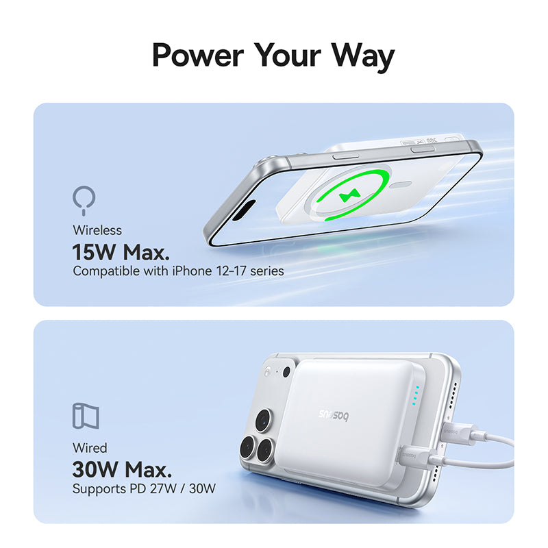 Draadloze Externe Batterij Baseus EnerFill FM11, 10000mAh, 30W, PD + FQI, 1 x QI - 1 x USB-C, Wit