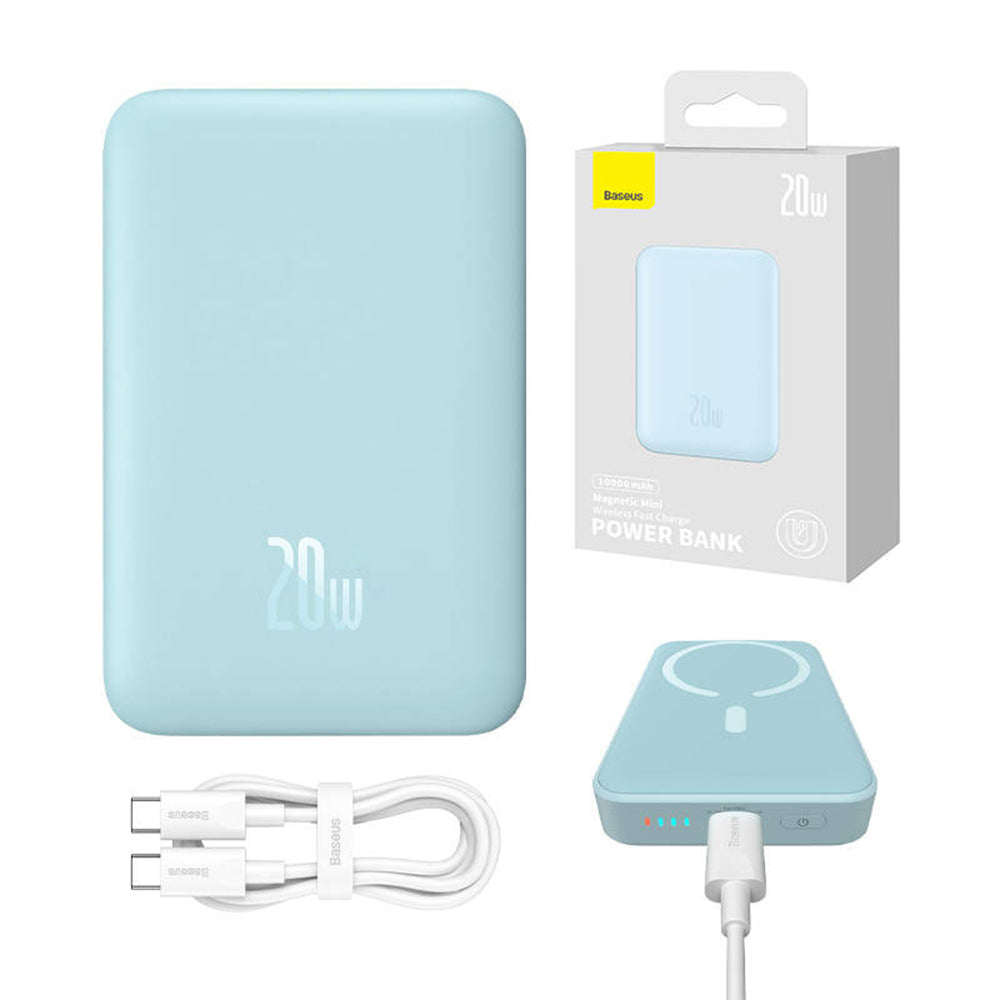Draadloze Externe Batterij Baseus Magnetic Mini, 10000mAh, 20W, PD + FQI, 1 x QI - 1 x USB-C, Blauw PPCX110103