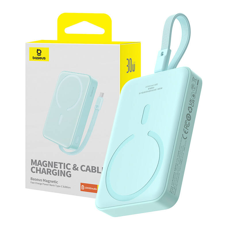 Externe Draadloze Batterij Baseus Magnetic Mini, 10000mAh, 30W, PD + FQI, 1 x Lightning - 1 x QI - 1 x USB-C, Blauw P1002210B333-00