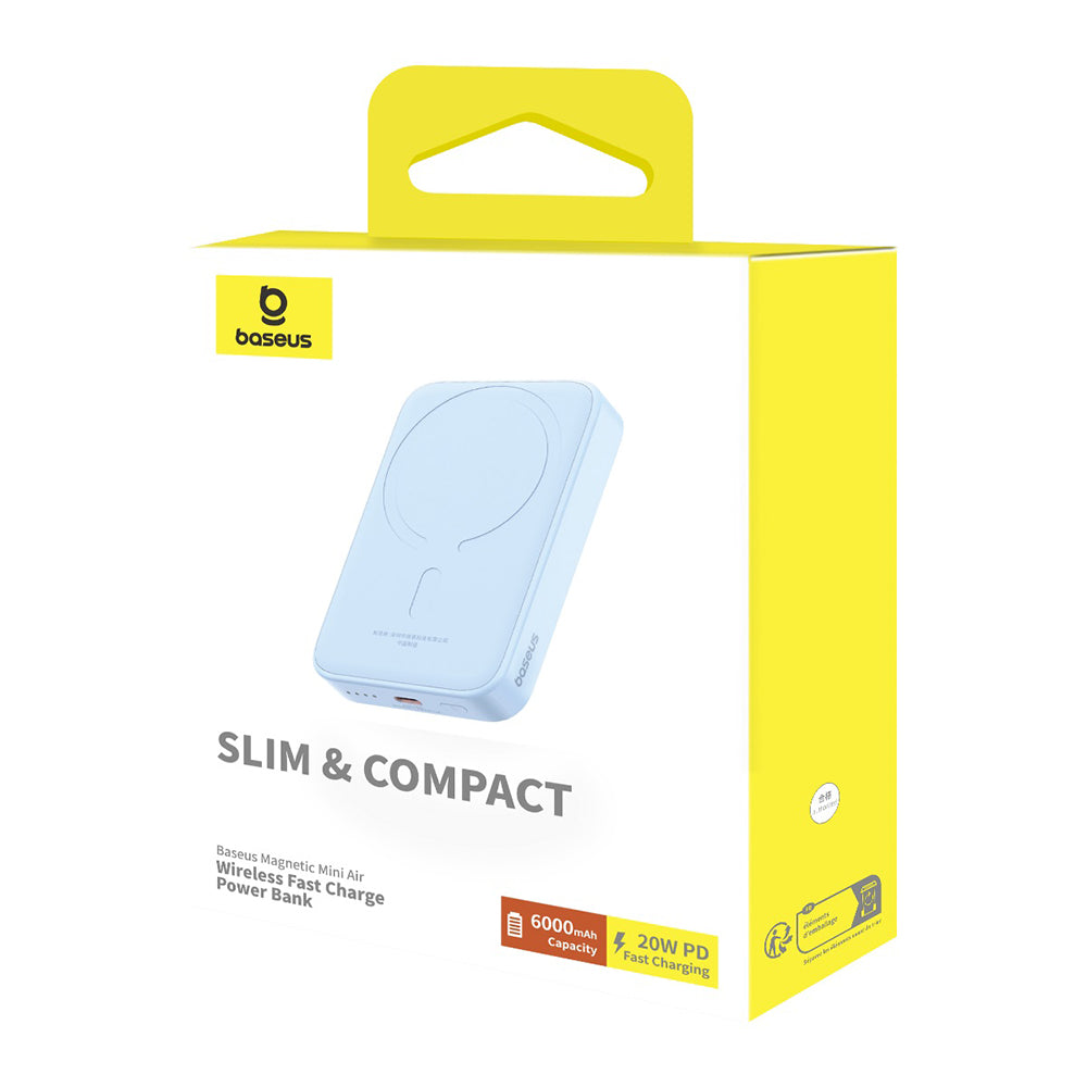 Externe Draadloze Batterij Baseus Mini Air, 6000mAh, 20W, PD + FQI, 1 x QI - 1 x USB-C, Blauw P10059002313-00