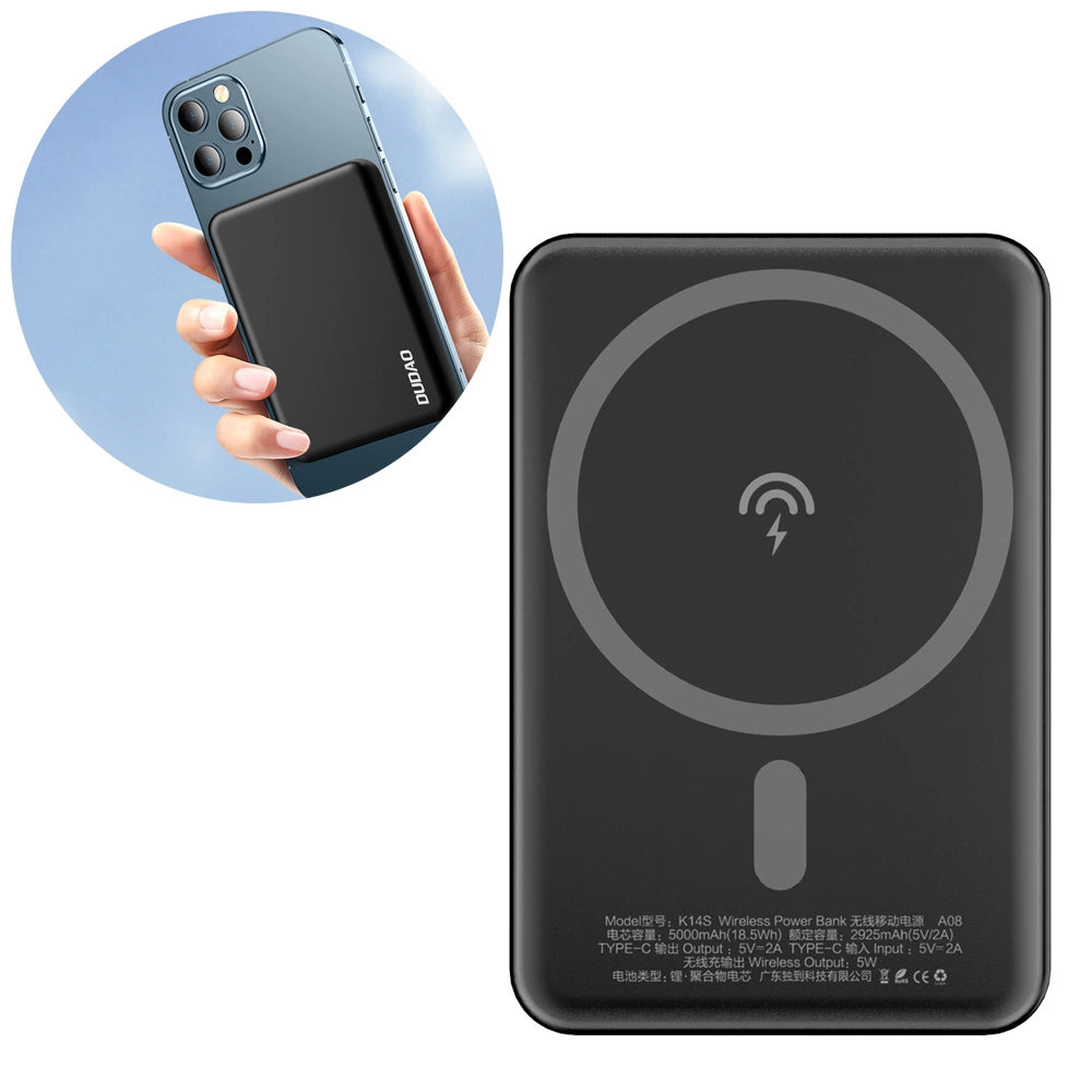 Draadloze Externe Batterij Dudao K14S, 5000mAh, 10W, PD + QI, 1 x QI - 1 x USB-C, Zwart