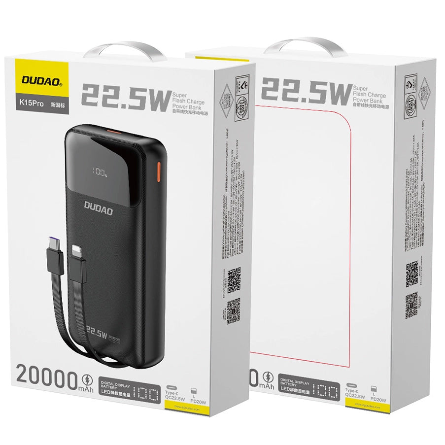 Externe Batterij Dudao K15Pro, 20000mAh, 22.5W, QC + PD, 1 x Lightning - 1 x USB-A - 2 x USB-C, Zwart