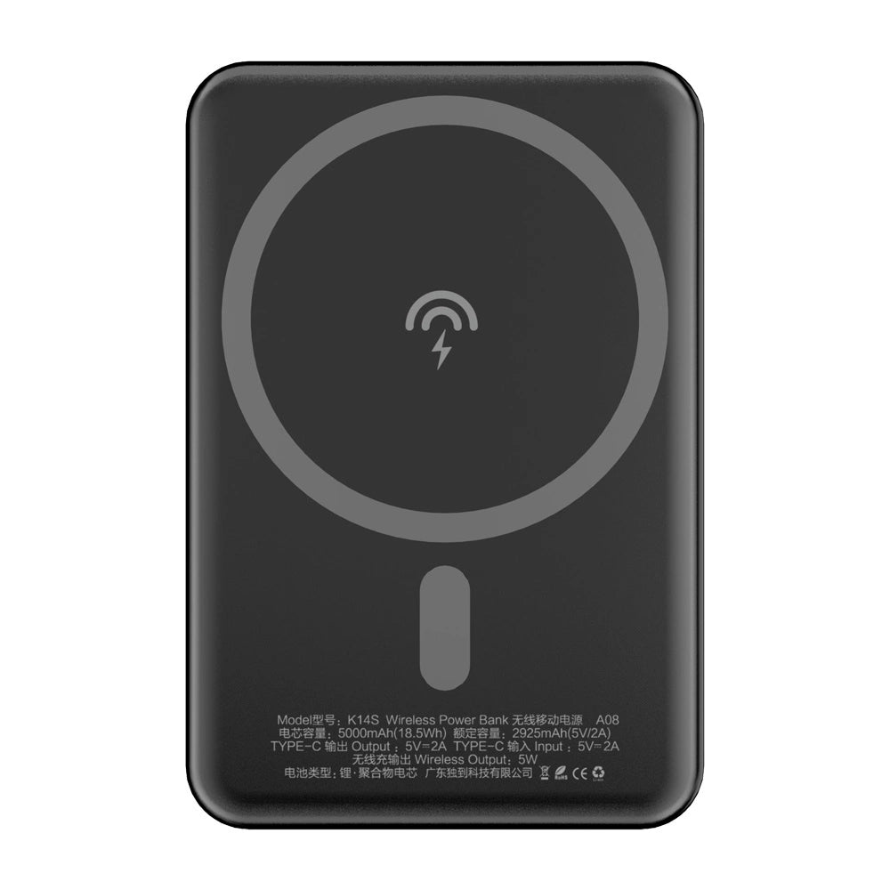 Draadloze Externe Batterij Dudao K14S, 5000mAh, 10W, PD + QI, 1 x QI - 1 x USB-C, Zwart