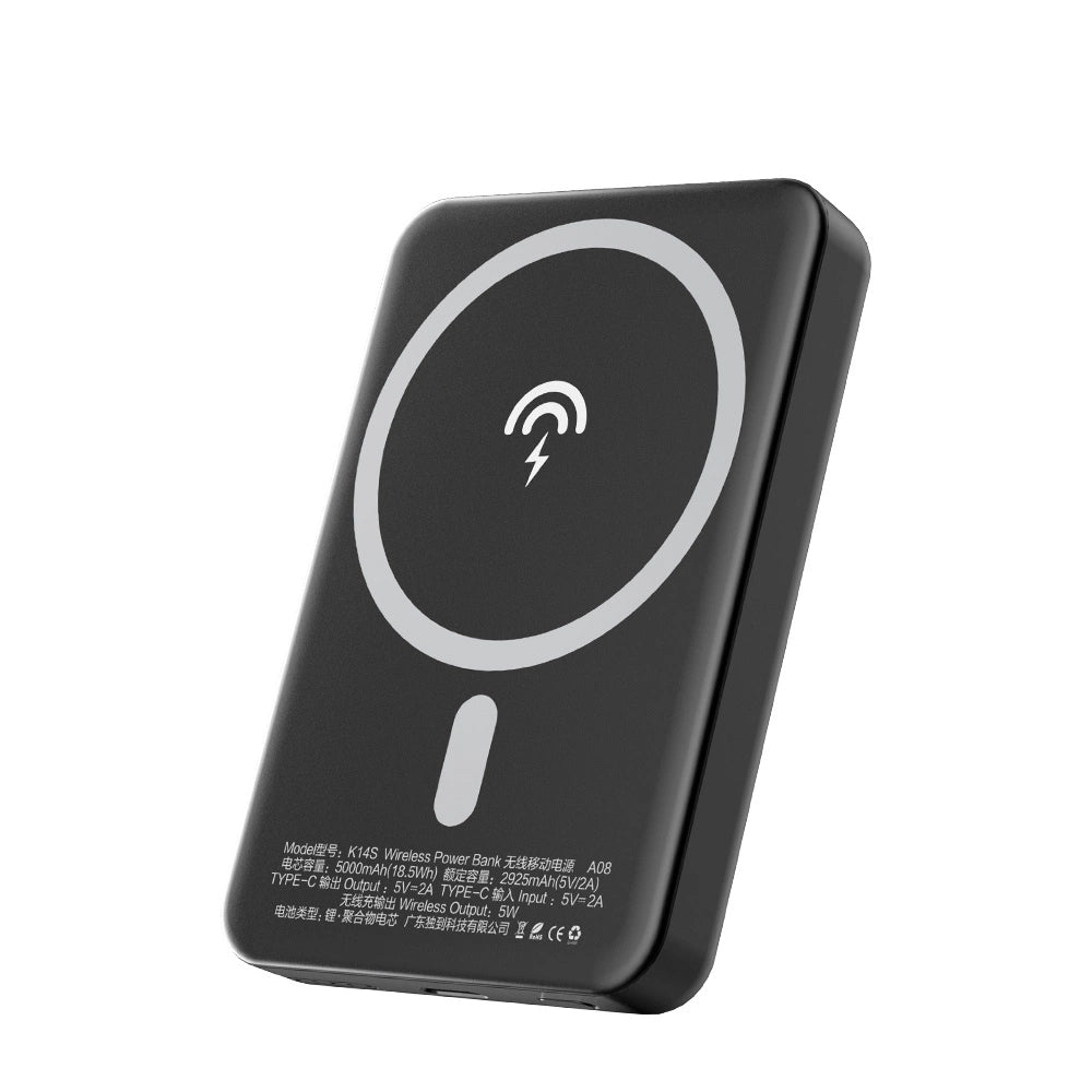 Draadloze Externe Batterij Dudao K14S, 5000mAh, 10W, PD + QI, 1 x QI - 1 x USB-C, Zwart