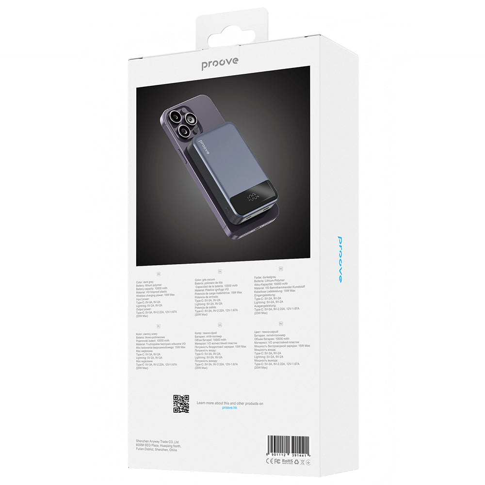 Proove Hoodman Wireless External Battery, 10000mAh, 20W, PD + FQI, 1 x QI - 1 x USB-C, Gray PBH120010003