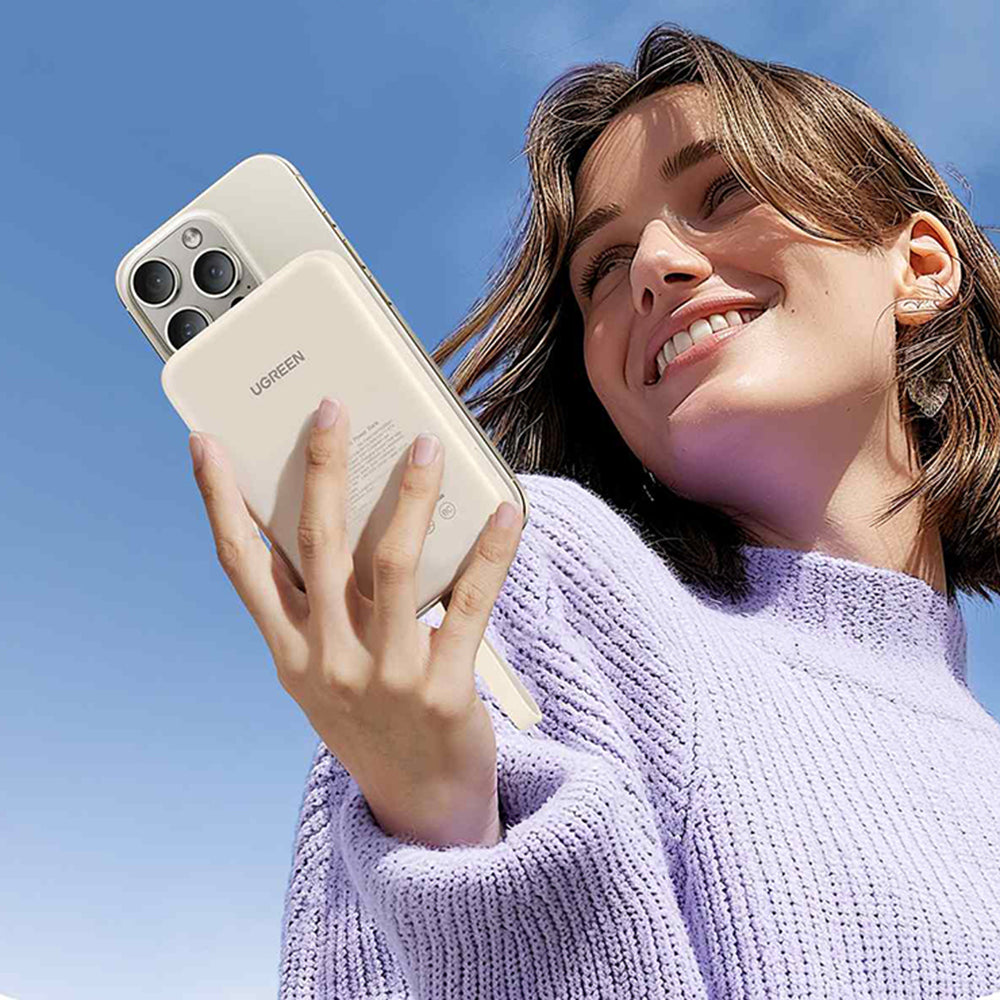 Draadloze Externe Batterij UGREEN PB760, 10000mAh, 20W, PD + FQI, 1 x QI - 1 x USB-C, Beige