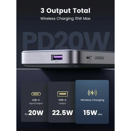 UGREEN PB206 Draadloze Externe Batterij, 10000mAh, 20W, QC + PD + FQI, 1 x QI - 1 x USB-A - 1 x USB-C, Grijs