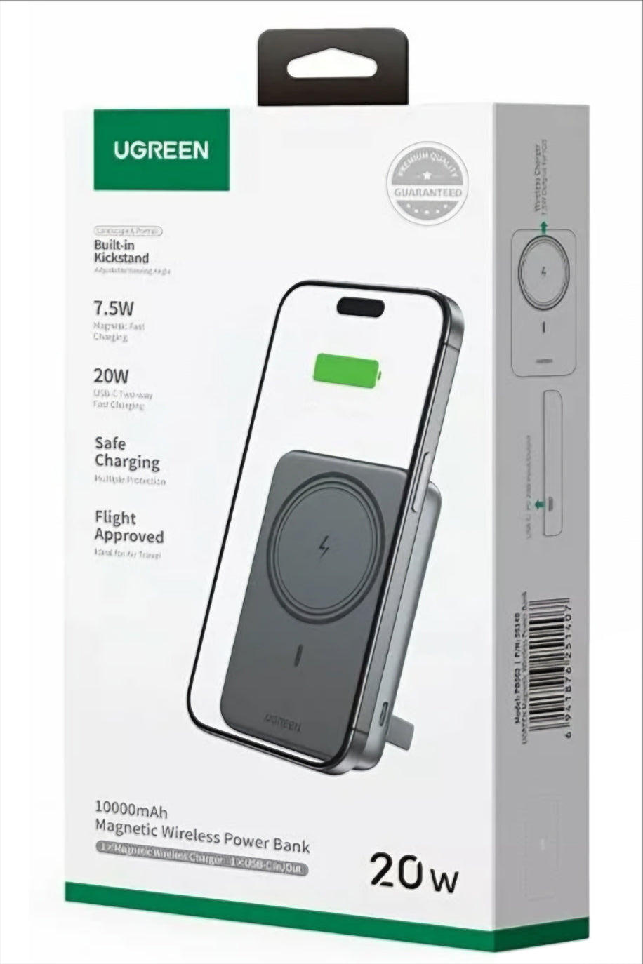 Draadloze Externe Batterij UGREEN PB561, 10000mAh, 20W, PD + FQI, 1 x QI - 1 x USB-C, Zwart