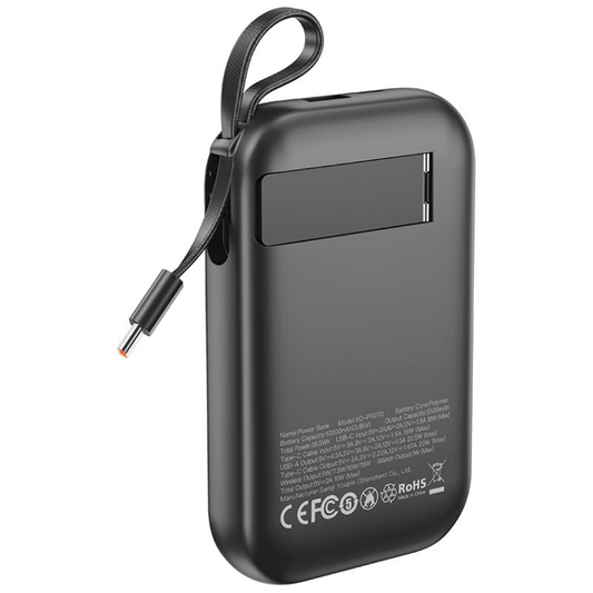 Draadloze Externe Batterij XO Design PR270, 10000mAh, 22.5W, QC + PD + QI, 1 x QI - 1 x USB-A - 1 x USB-C, Zwart