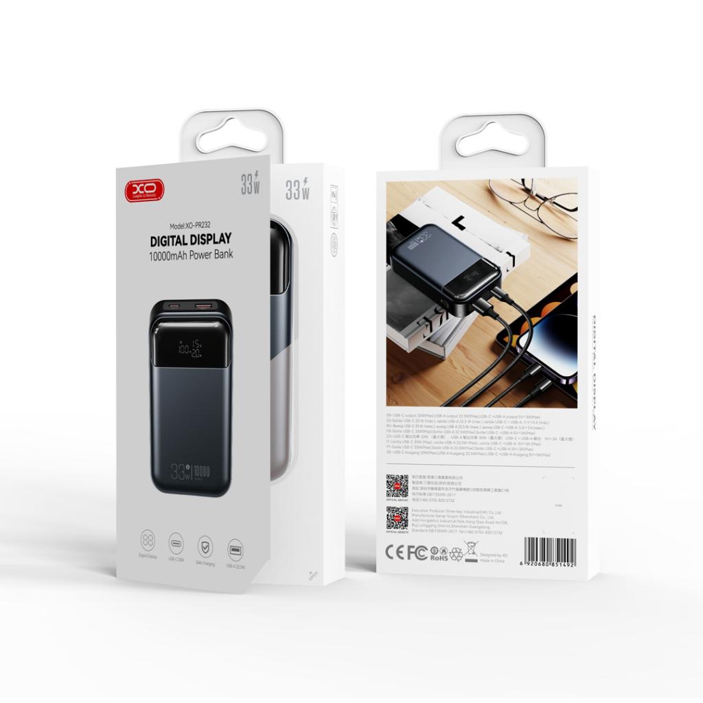 Externe Batterij XO Design PR232, 10000mAh, 33W, QC + PD, 1 x USB-A - 1 x USB-C, Zwart