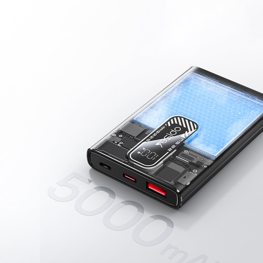 Externe Batterij Yesido YP92, 5000mAh, 22.5W, QC + PD, 1 x USB-A - 1 x USB-C, Zwart