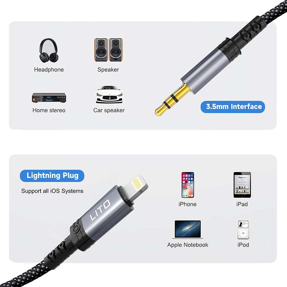 Audio Lightning-kabel - 3.5mm Lito LA01L, 1m, Zwart