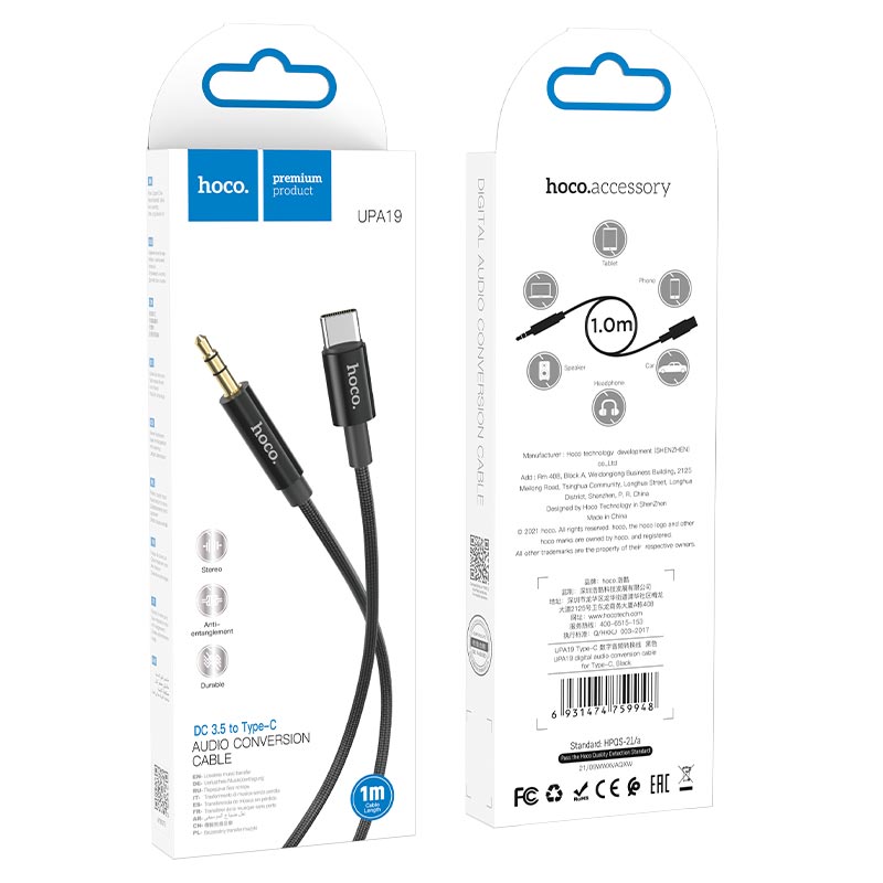 Audio Kabel USB-C - 3.5mm HOCO UPA19, 1m, Zwart