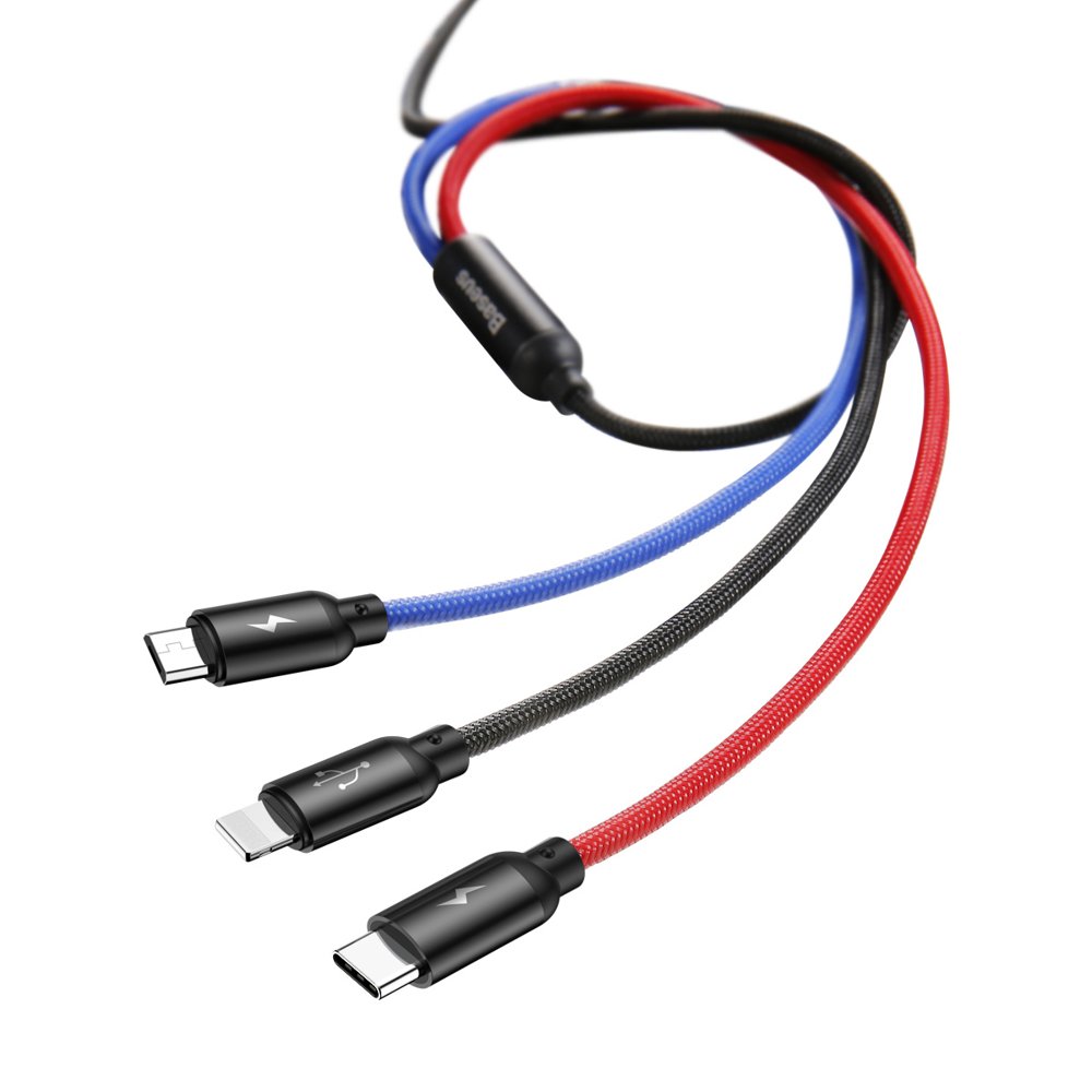 Oplaadkabel USB-A - Lightning / microUSB / USB-C Baseus Colors 3in1, 20W, 1.2m, Zwart CAMLT-BSY01
