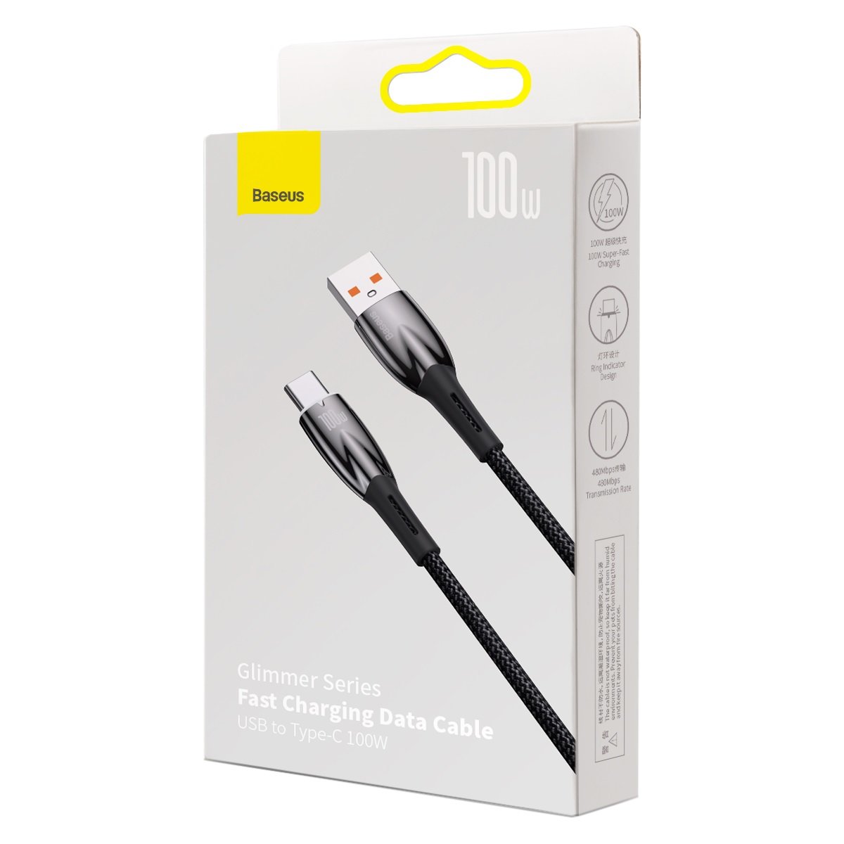 USB-A naar USB-C Baseus Glimmer Series data- en oplaadkabel, 100W, 2 m, zwart CADH000501 CADH000501
