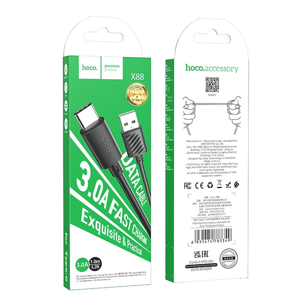 Data- en oplaadkabel USB-A - USB-C HOCO X88, 18W, 1m, Zwart