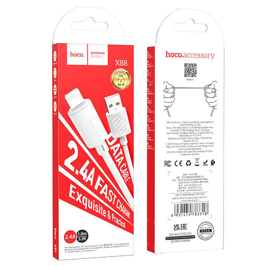 Gegevens- en oplaadkabel USB-A - Lightning HOCO X88, 18W, 1m, Wit