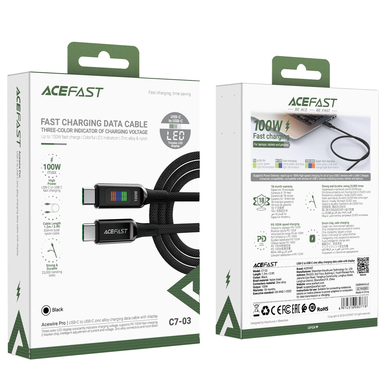 USB-C Data- en Oplaadkabel - USB-C Acefast C7-03, 100W, 1.2m, Zwart