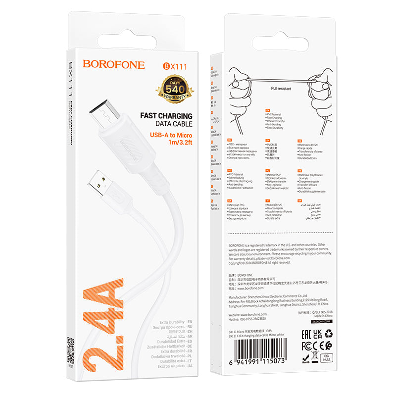 Data- en oplaadkabel USB-A - microUSB Borofone BX111 Feliz, 18W, 1m, Wit