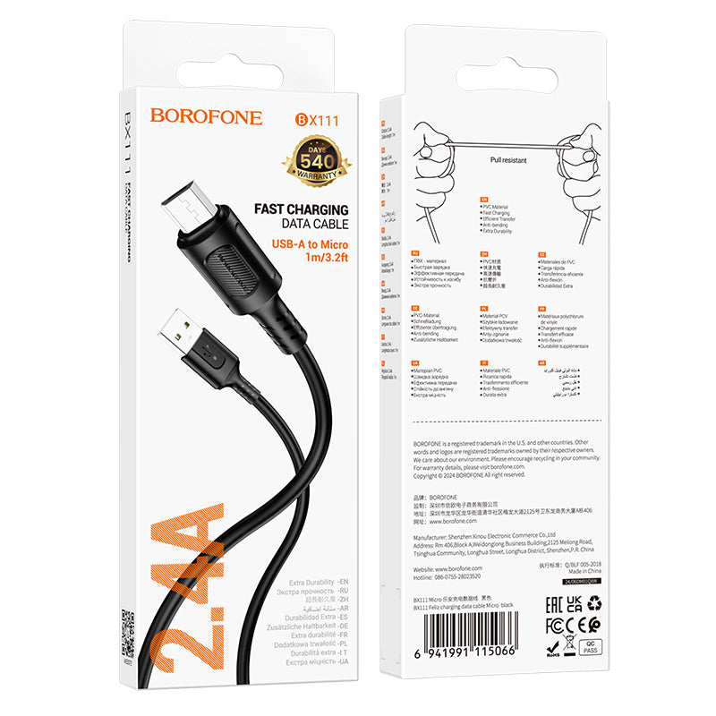 USB-A - microUSB Data en Oplaadkabel Borofone BX111 Feliz, 18W, 1m, Zwart