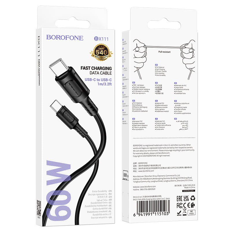 USB-C Data- en Oplaadkabel - USB-C Borofone BX111 Feliz, 60W, 1m, Zwart