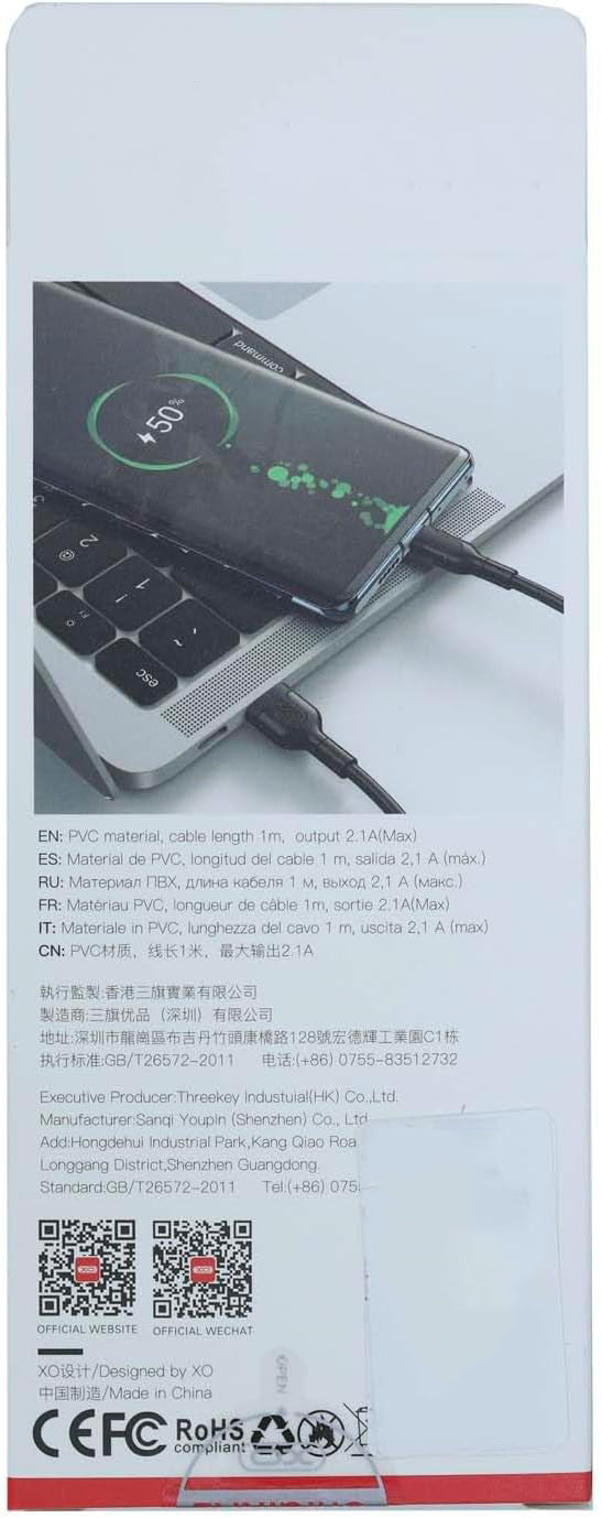 USB-A - microUSB data- en oplaadkabel XO Design NB212, 18W, 1m, Zwart