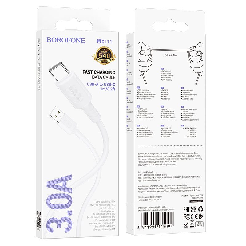 USB-A - USB-C Borofone BX111 Feliz Data- en Oplaadkabel, 20W, 1m, Wit