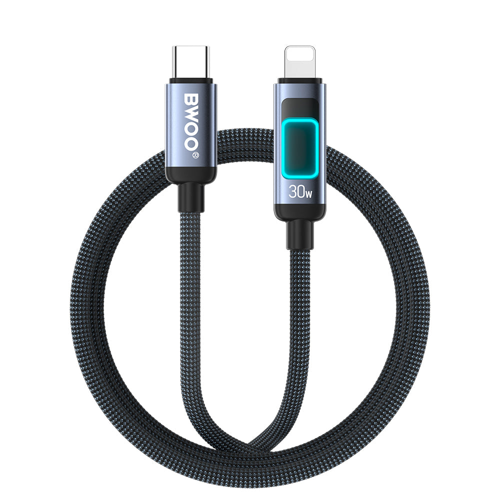 USB-C - Lightning Data- en Oplaadkabel BWOO X324CL Display, 30W, 1m, Zwart