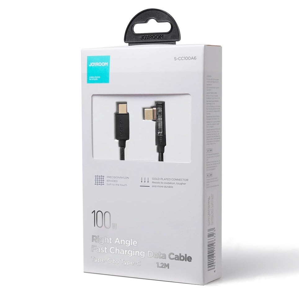USB-C Data- en Oplaadkabel - USB-C Joyroom S-A6 Angled, 100W, 1.2m, Zwart