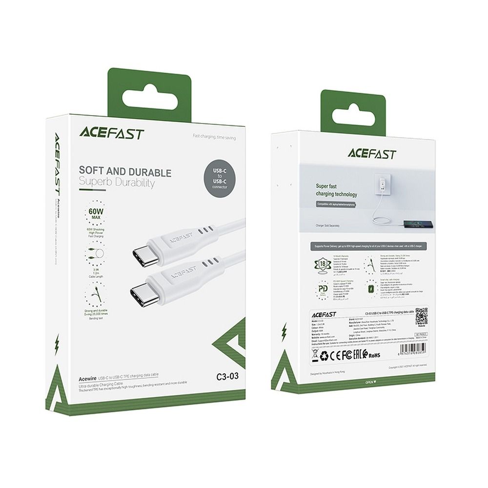 USB-C Data- en Oplaadkabel - USB-C Acefast C3-03, 60W, 1.2m, Wit