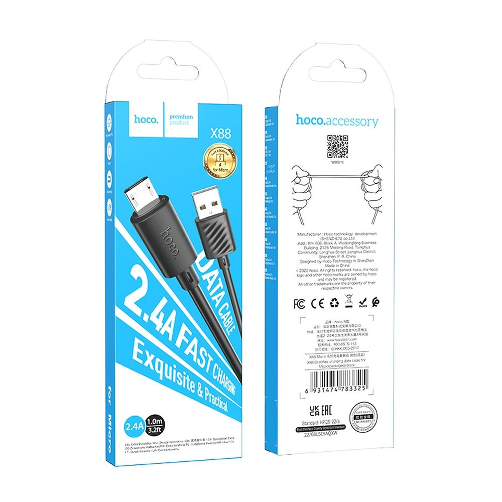 HOCO X88 USB-A - microUSB data- en oplaadkabel, 18W, 1m, Zwart