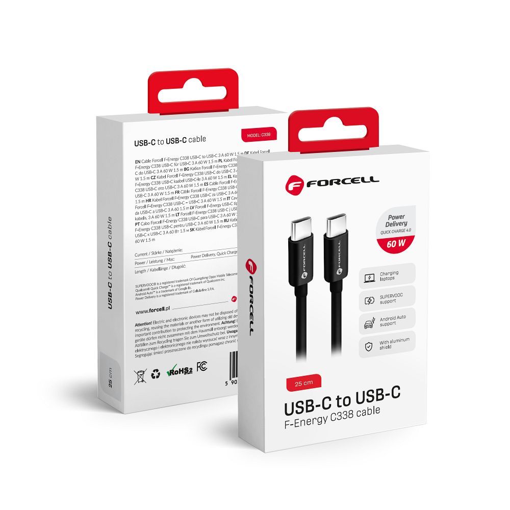 USB-C - USB-C Data- en Oplaadkabel Forcell F-Energy C338, 60W, 0.25m, Zwart