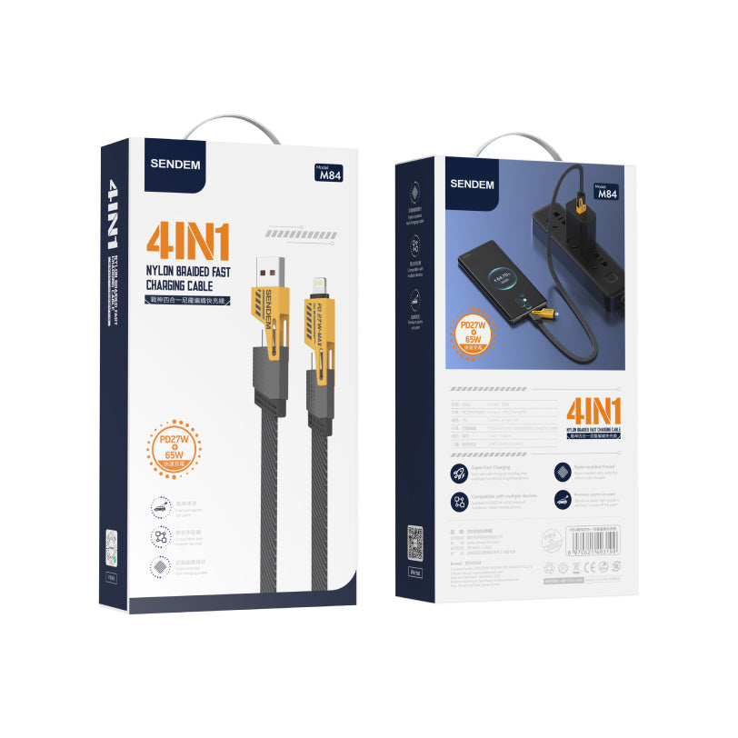 Data- en oplaadkabel USB-A / USB-C - Lightning / microUSB Sendem M84 2in1, 65W, 1m, Geel