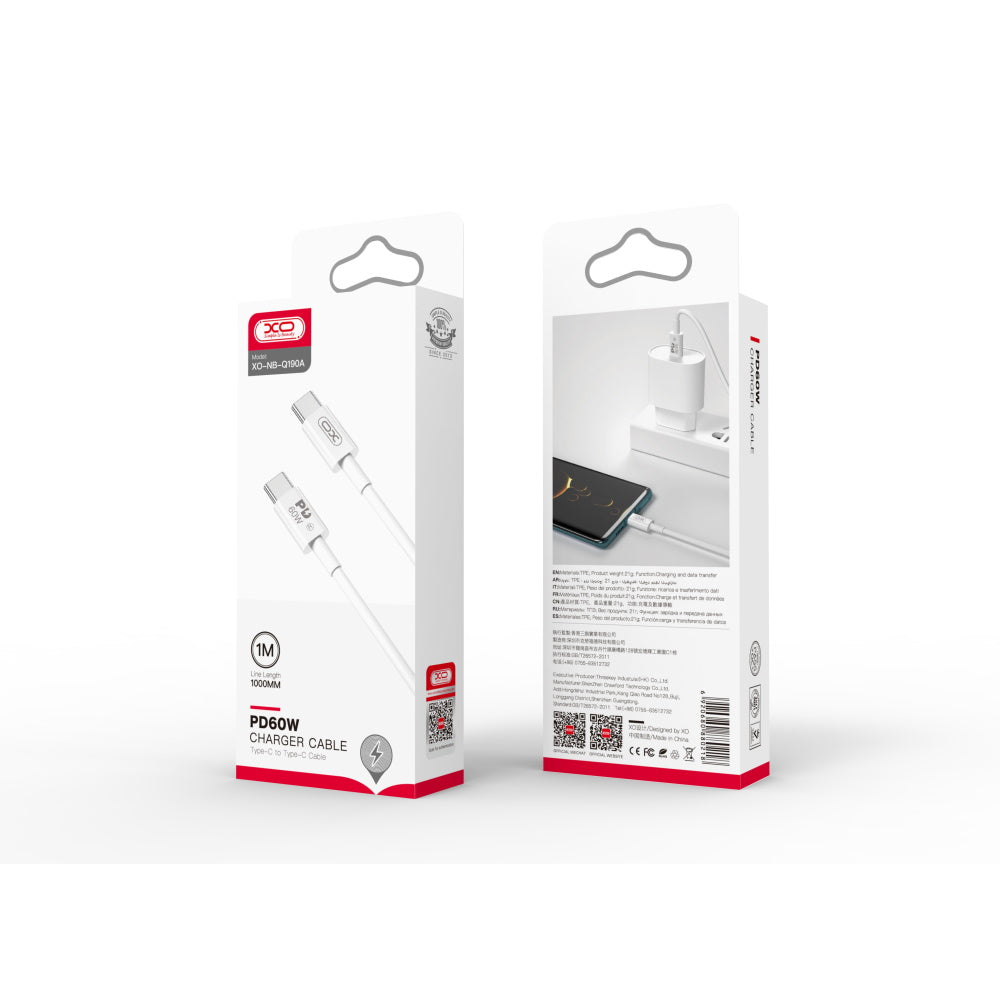 Data- en Oplaadkabel USB-C - USB-C XO Design NB-Q190A, 60W, 1m, Wit