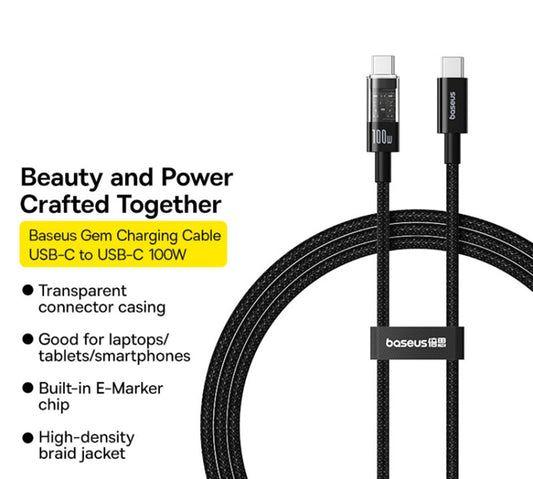 Data- en Oplaadkabel USB-C - USB-C Baseus Gem, 100W, 2m, Zwart P10373000111-01