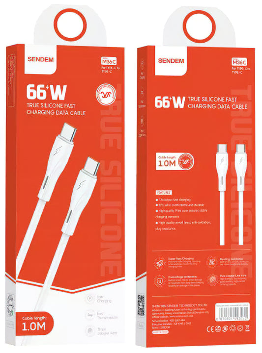 USB-C Data- en Oplaadkabel - USB-C Sendem M36C, 66W, 1m, Wit