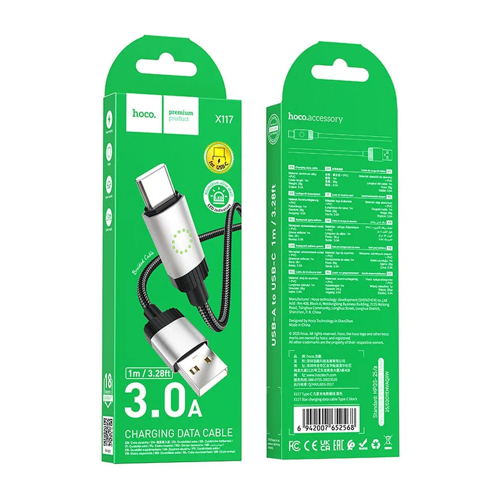 Data- en Oplaadkabel USB-A - USB-C HOCO X117, 60W, 1m, Zwart