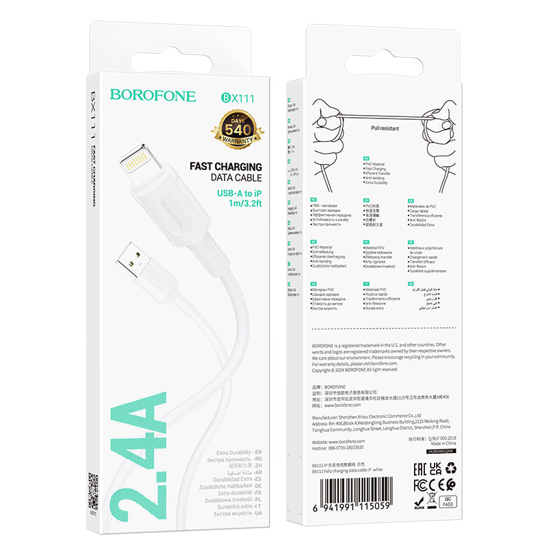 USB-A - Lightning Data- en Oplaadkabel Borofone BX111 Feliz, 18W, 1m, Wit