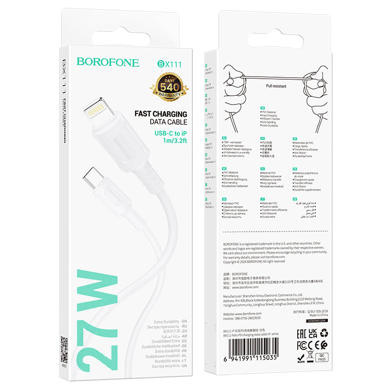 Data- en Oplaadkabel USB-C - Lightning Borofone BX111 Feliz, 27W, 1m, Wit