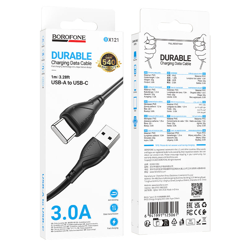 Data- en Oplaadkabel USB-A - USB-C Borofone BX121 Energy, 18W, 1m, Zwart