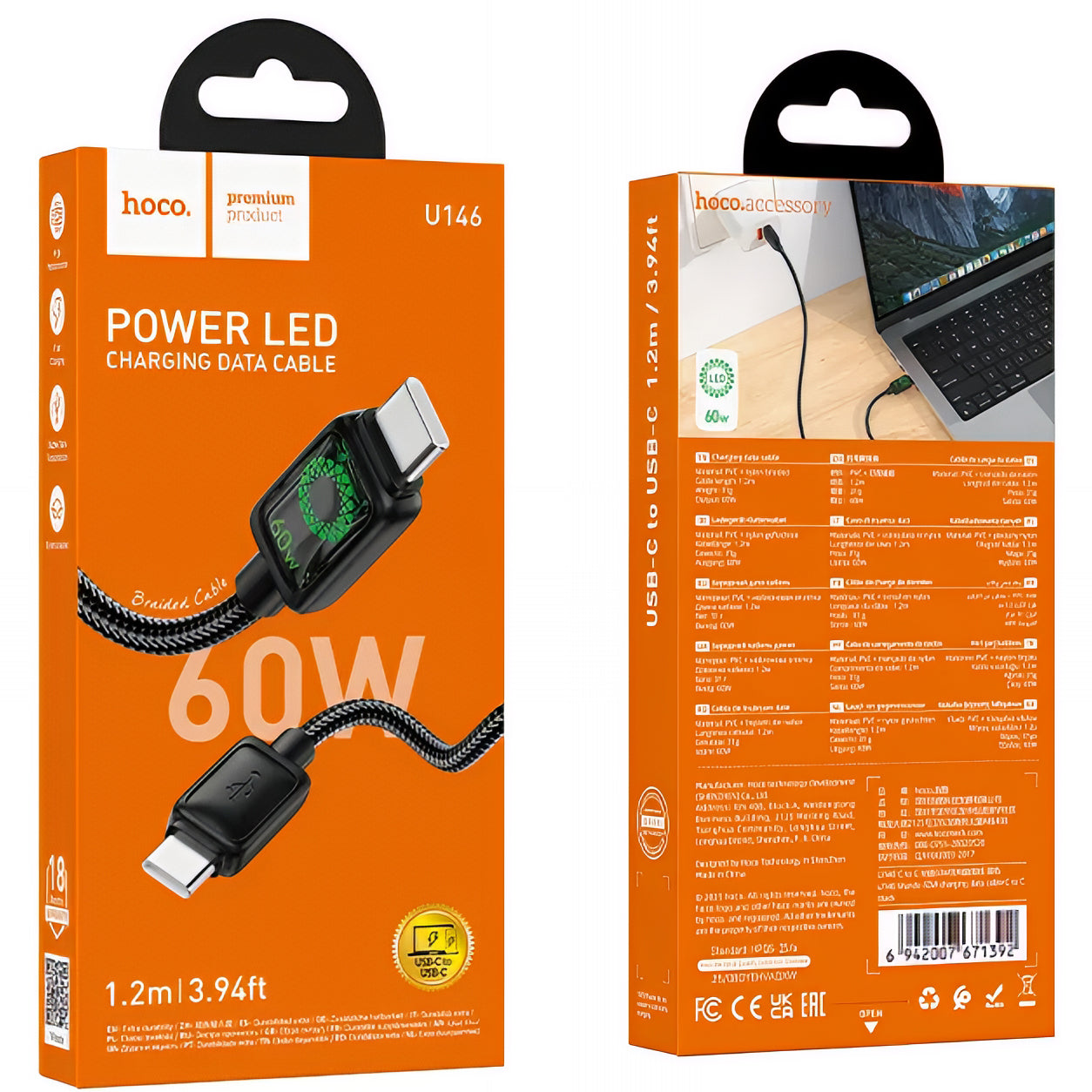 USB-C Data- en Oplaadkabel - USB-C HOCO U146, 60W, 1.2m, Zwart