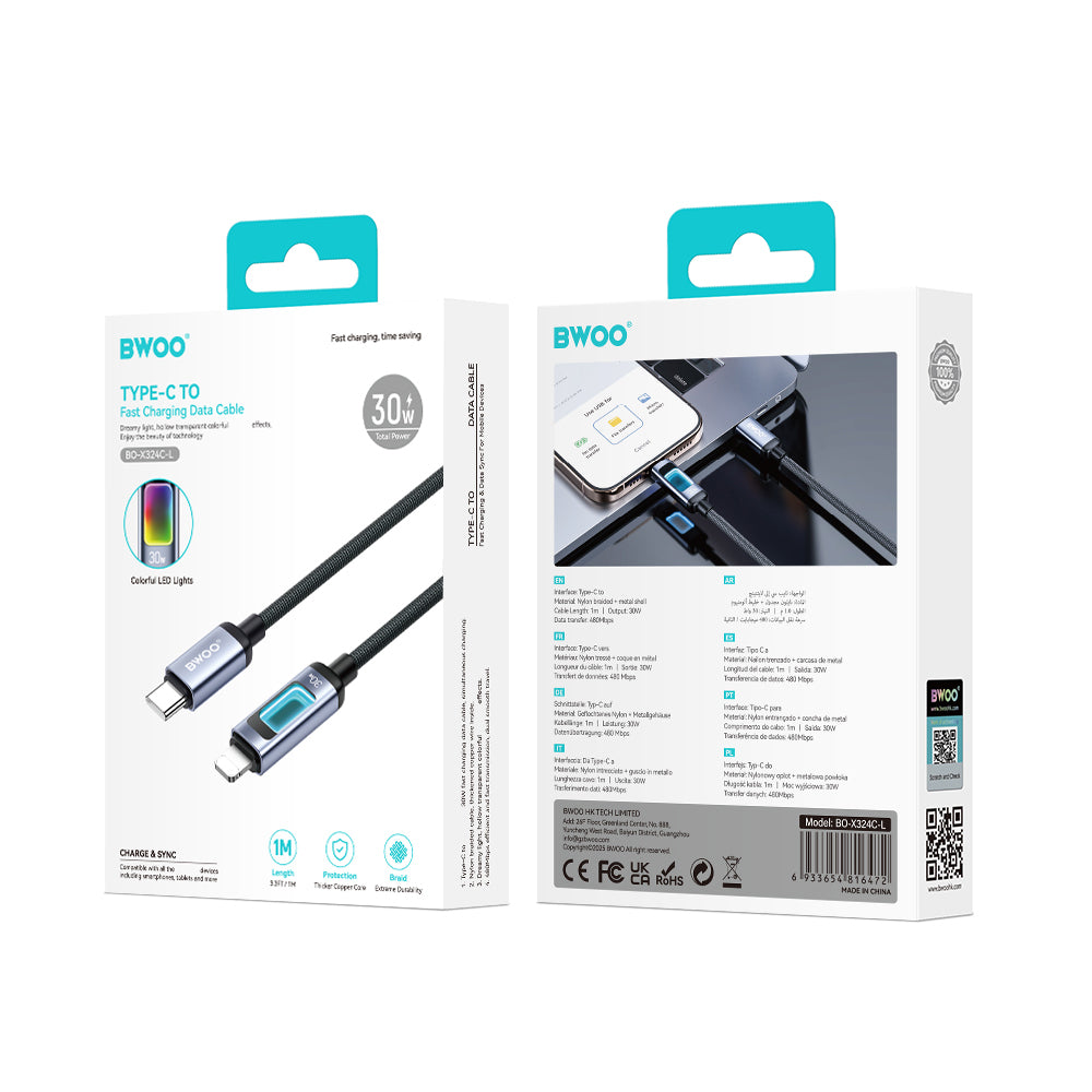 USB-C - Lightning Data- en Oplaadkabel BWOO X324CL Display, 30W, 1m, Zwart