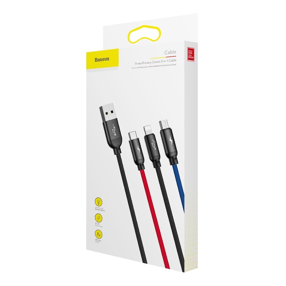 Oplaadkabel USB-A - Lightning / microUSB / USB-C Baseus Colors 3in1, 20W, 1.2m, Zwart CAMLT-BSY01