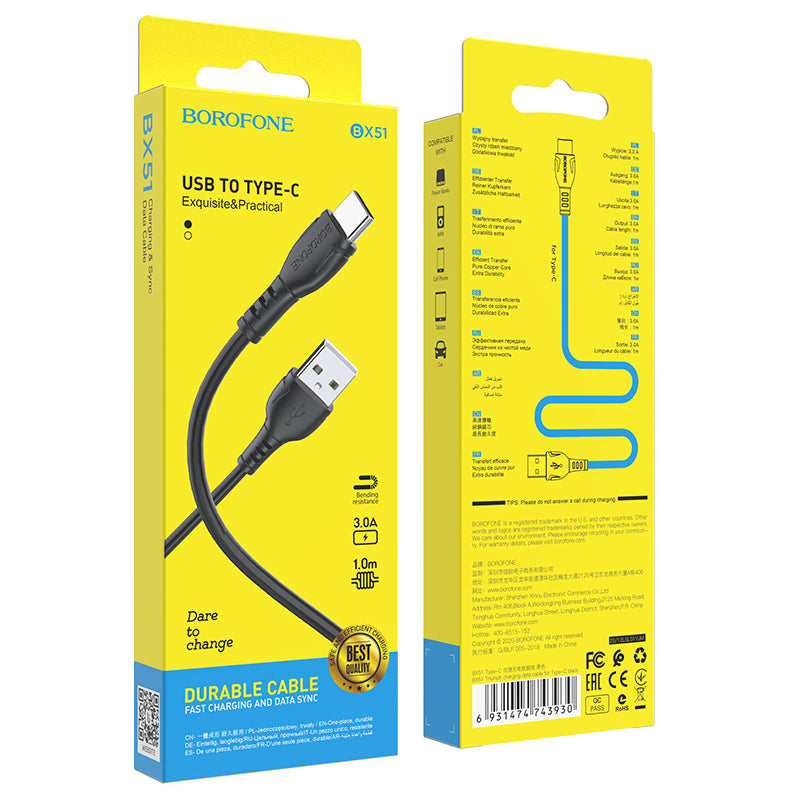 Data- en Oplaadkabel USB-A - USB-C Borofone BX51 Triumph, 20W, 1m, Zwart