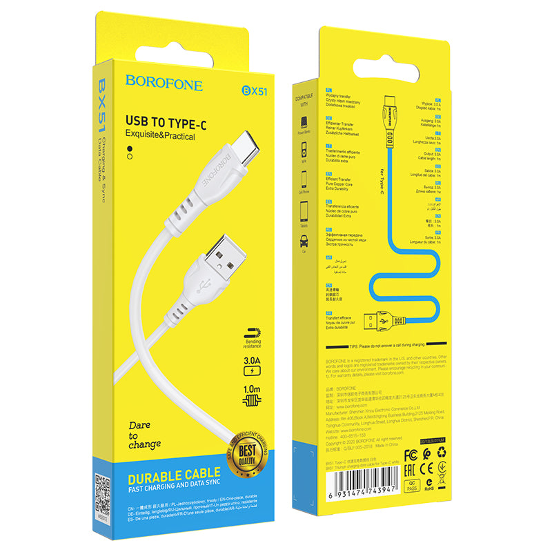 Data- en Oplaadkabel USB-A - USB-C Borofone BX51 Triumph, 20W, 1m, Wit