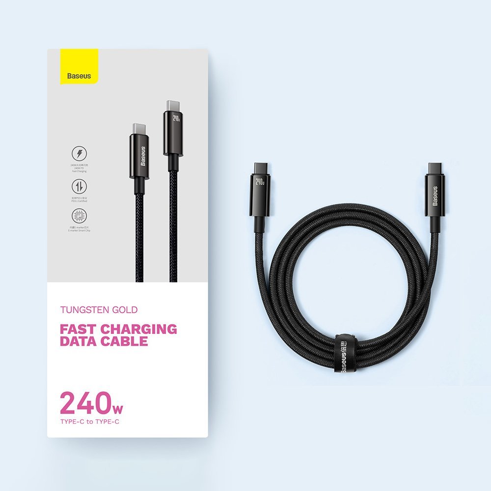 USB-C Data- en oplaadkabel - USB-C Baseus Tungsten Gold, 240W, 2m, Zwart CAWJ04010101