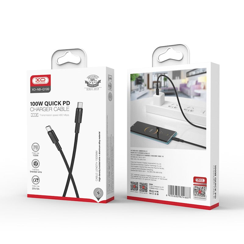 USB-C Data- en Oplaadkabel - USB-C XO Design NB-Q199, 100W, 1.5m, Zwart