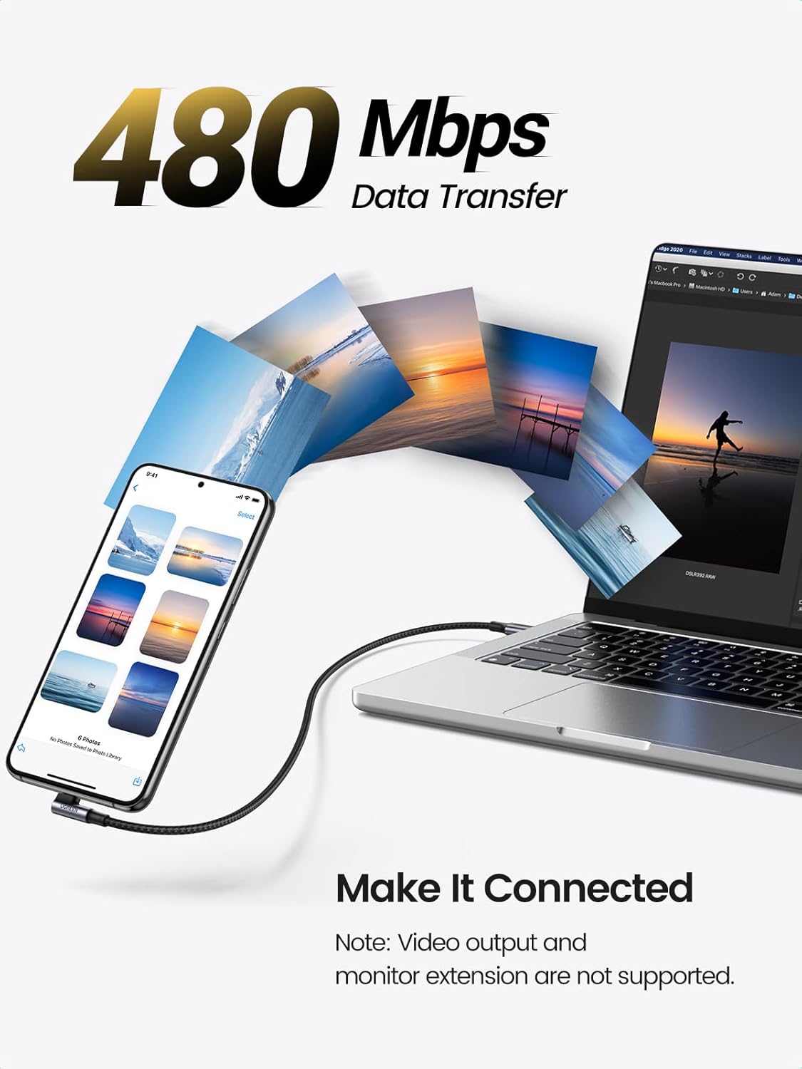 USB-C Data- en Oplaadkabel - USB-C UGREEN US334 Hoekig, 100W, 1m, Zwart